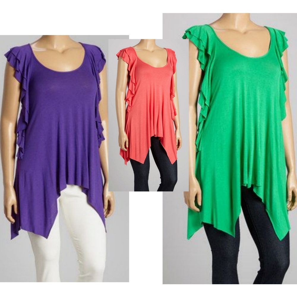 Poliana Plus flutter sleeve handkerchief top.  Plus sz 3x. Blue and Gray avail.